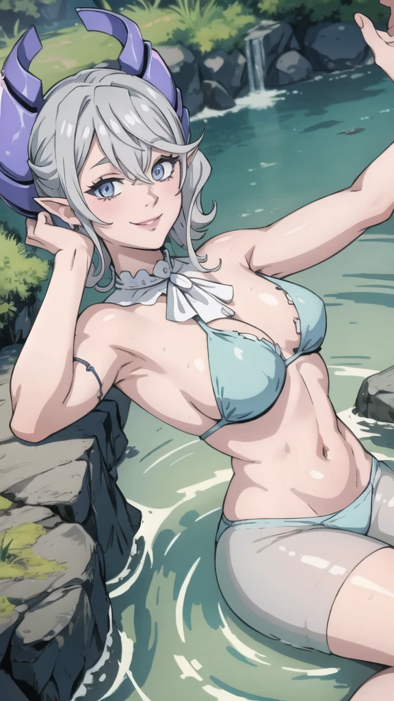 Waterfalls High level image quality best image quality 8K adult woman background a lake in the middle of jungle outside more colors whole body view portrait wearing bikini white horn ears short hair((shortcut)(gray hair)(perm)(fluffy)) eye color is blue , , attractive evil face , smile , sexy pose , labrynth , barearm , both arms up the head , wearing pink , sitting ,