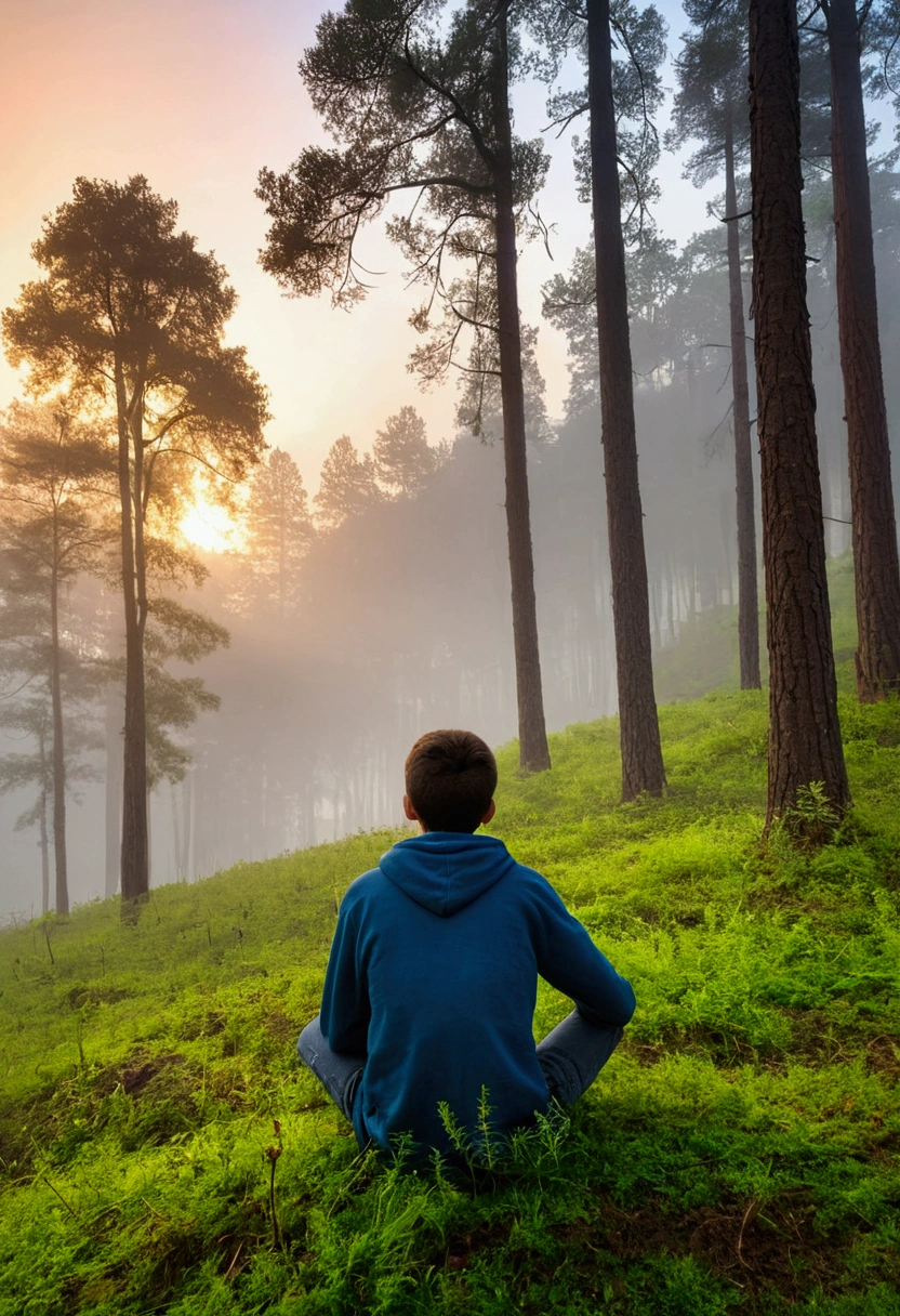 A serene forest scene featuring tall mountain pines and dhupi trees covered with light fog and light sunrise. A handsome tall  boy sitting in meadow in depressed mood and watching the trees pic from back