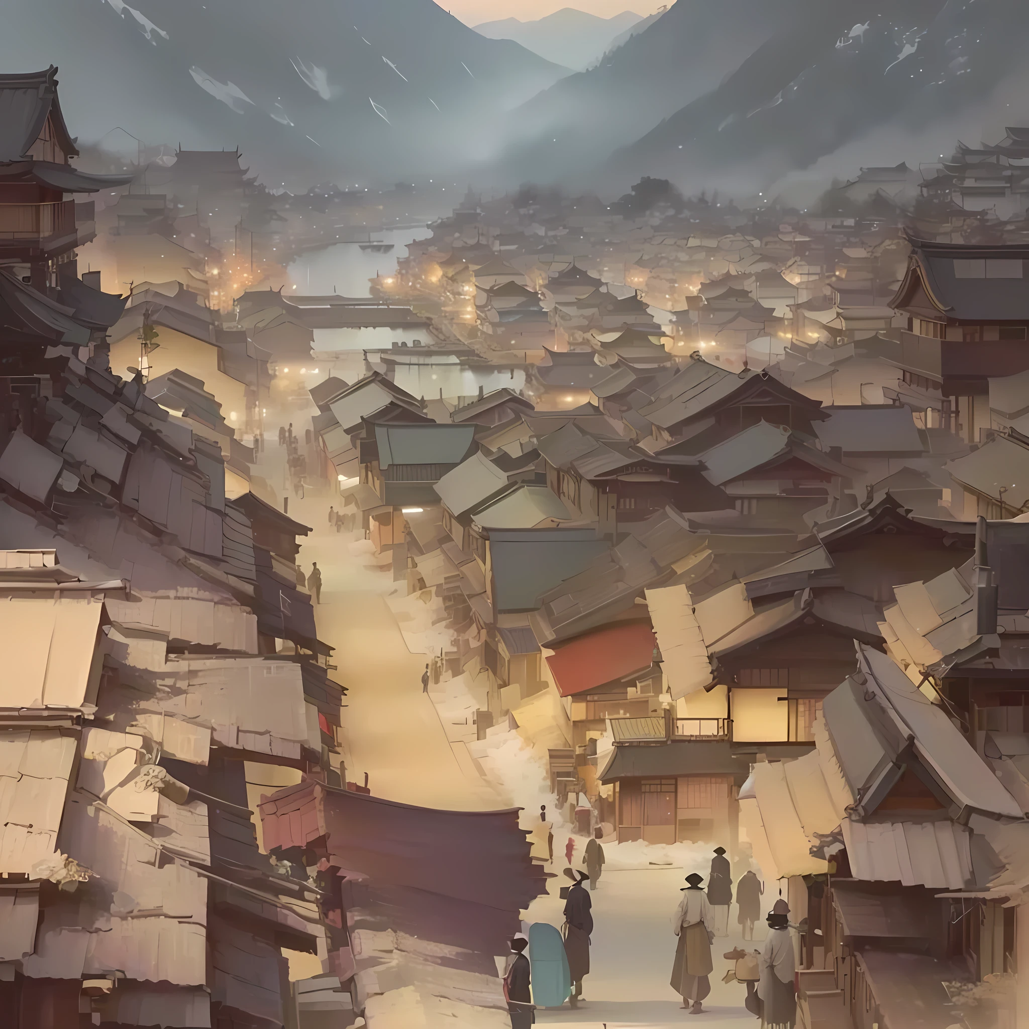 Animated scene of people walking on a city street, Digital Painting Concept Art, illustration concept art, イスマイル・インチェオグルとLuan Jia, Concept Art Wallpaper 4K, Painterly concept art, Chinese Village, High quality digital concept art, Dreamy city in China, Luan Jia, Concept Art Digital Illustration, Blazing flames inspired by Chung Fenghua, fire, crowd, throng, freezing, mother warming her baby.Scenery and Cityscape in the Early Meiji Era After the Meiji Restoration, Japan underwent rapid modernization and civilization. Consequently, many changes and reforms occurred. Below is a detailed explanation of the scenery, appearance of the poor, occupations, and cityscapes in the early Meiji period (1868 to the early 1880s). 2. Appearance of the Poor Life for the impoverished and lower classes remained harsh. In particular, in urban areas, people migrated from rural areas or unemployed artisans gathered, intensifying competition in the labor market. Many of them struggled with poverty, often residing in slums or around temples. 3. Occupations Meiji early Japan witnessed a diversification of occupations. Traditional agriculture and handicrafts were accompanied by the rise of modern industry and commerce. Particularly in urban areas, factory workers, shop clerks, and transporters increased, giving rise to new professions. However, many in these occupations endured harsh working conditions. 4. Influence of Civilization and Enlightenment During the Meiji era, Western cultural influences spread rapidly. Changes in clothing, dietary habits, and the proliferation of Western-style architecture advanced, especially in urban areas. Conversely, this development posed a threat to traditional culture and lifestyles, resulting in societal upheaval and adaptation challenges. 5. Social Change and Policy Influence While promoting modernization policies, the government also addressed poverty and social issues. Legislation for labor protection and charitable activities to aid the poor were implemented. Nevertheless, living conditions for the impoverished scarcely improved. The early Meiji period marked a rapid transformation