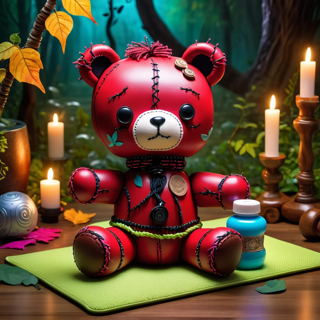 (knitted toy voodoo doll:1.6), (Voodoo Bear Exercising:1.3), (Clothing: casual workout outfit with magical paw prints:1.0), (Accessories: enchanted yoga mat, glowing dumbbells, mystical water bottle:1.2), (background: peaceful park with floating, glowing leaves and soft bird songs:1.2), best quality, masterpiece, detailed soft oil painting, detailed background, dramatic cinematic lighting, soft edge lighting, professional, dramatic lighting, hard edge lighting, ultra quality, 4k, masterpiece, best quality, 8k, ultra high definition, high resolution, extremely detailed