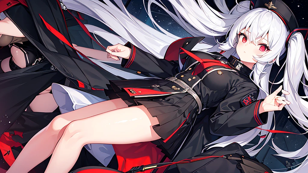 Two girls with long straight silver hair, twins, red eyes, big breasts, slim body, cool, black uniform cap, black military uniform, black mini quilt skirt, night city