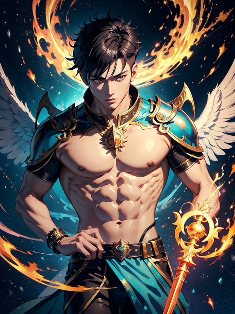 A asian boy like Mighty Archangel Michael, 20-29 years old, handsome, kpop idol actor, many jawline, manly chin, Full Body Shoot, (eyes contact), detailed facial parts, Manly, bare chest,
Quiff haircut :: high detail, is in highly detailed battle armor, holding a detailed flaming blue sword of golden pearls, detailed fingers, a flaming sacred aura radiating from his body, stylish model pose, moon background, surreal, fantasy, magical, intricate details, depth of field. Best quality, masterpiece, ultra high resolution, (anime realism, photorealistic: 1.4), perfect composition, centered, symmetry