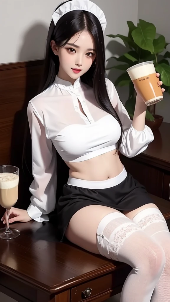 1girl,black hair,breasts,cup,lips,long hair,medium breasts,mug,navel,realistic,sitting,solo,white legwear,Maid,holding milk tea in her hand