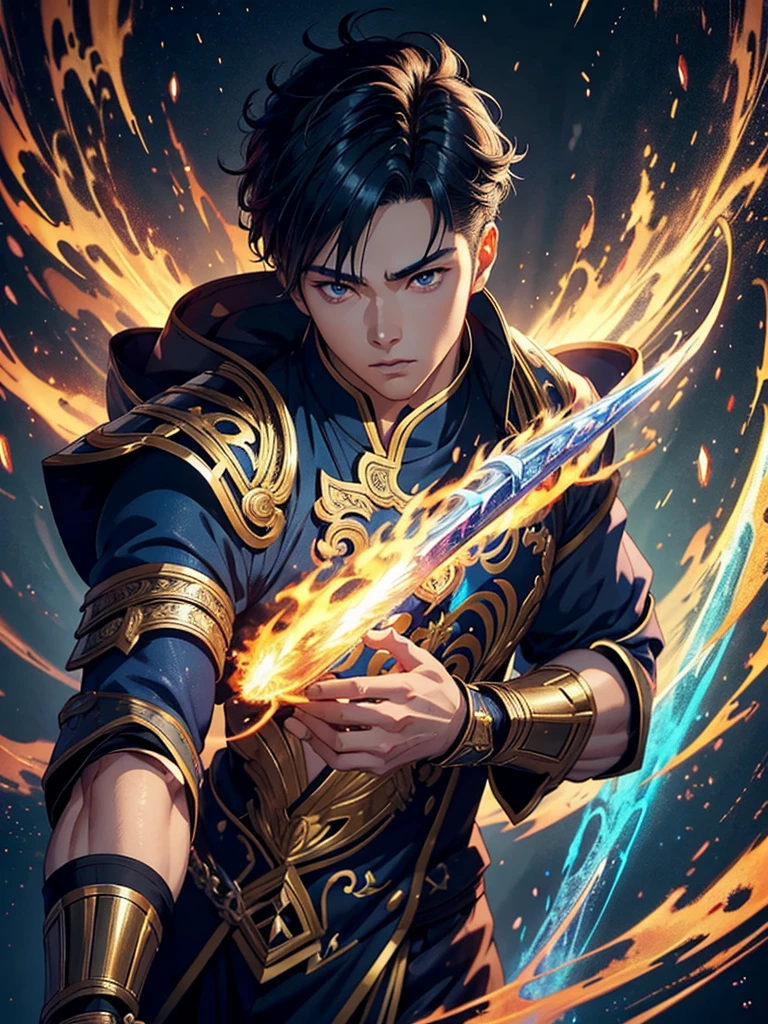 A asian boy like Mighty Archangel Michael, 20-29 years old, handsome, kpop idol actor, many jawline, manly chin, Full Body Shoot, (eyes contact), detailed facial parts, Manly, bare chest, 
Quiff haircut :: high detail, is in highly detailed battle armor, holding a detailed flaming blue sword of golden pearls, detailed fingers, a flaming sacred aura radiating from his body, stylish model pose, moon background, surreal, fantasy, magical, intricate details, depth of field. Best quality, masterpiece, ultra high resolution, (anime realism, photorealistic: 1.4), perfect composition, centered, symmetry