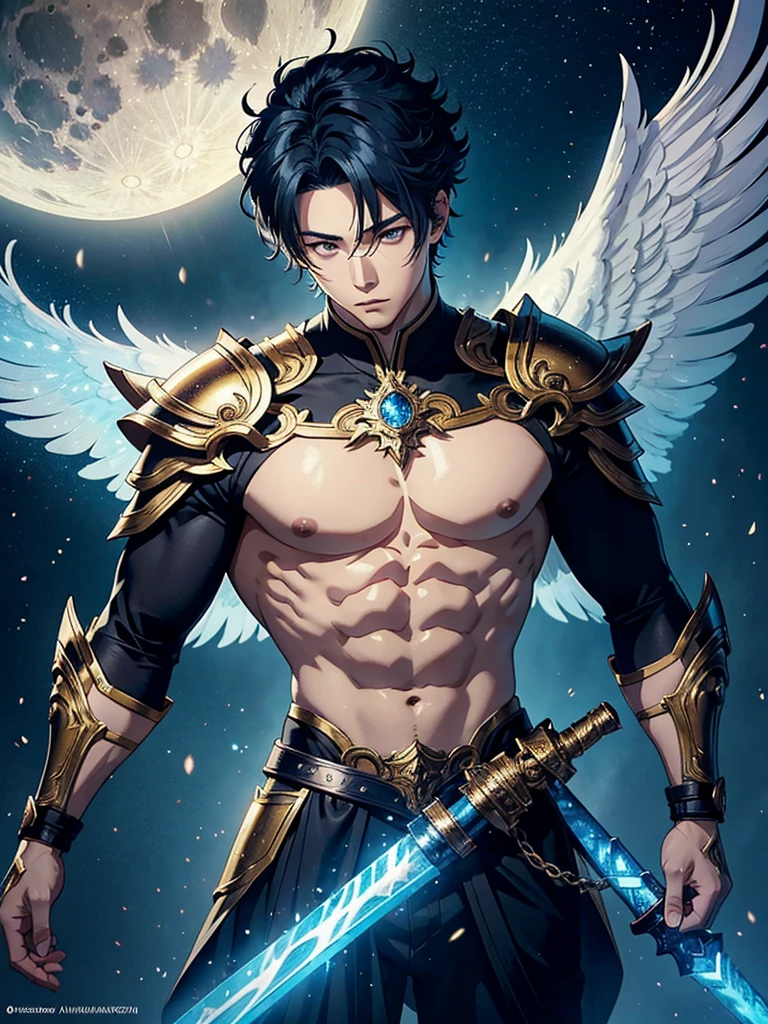 A asian boy like Mighty Archangel Michael, 20-29 years old, handsome, kpop idol actor, many jawline, manly chin, Full Body Shoot, (eyes contact), detailed facial parts, Manly, bare chest, 
Quiff haircut :: high detail, is in highly detailed battle armor, holding a detailed flaming blue sword of golden pearls, detailed fingers, a flaming sacred aura radiating from his body, stylish model pose, moon background, surreal, fantasy, magical, intricate details, depth of field. Best quality, masterpiece, ultra high resolution, (anime realism, photorealistic: 1.4), perfect composition, centered, symmetry