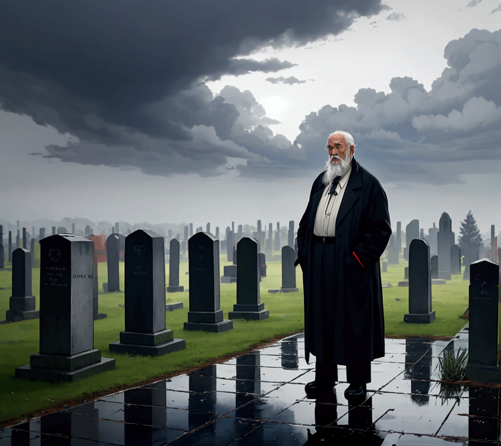 Create an image of an old man, aged 79, standing in a cemetery on a cloudy morning. The man has a white beard and is dressed in simple, somber clothing. The sky is overcast, with dark clouds adding to the melancholic atmosphere. He stands quietly among the tombstones, reflecting a sense of loss and contemplation. The background includes scattered grave markers and a few leafless trees, enhancing the somber and reflective mood of the scene