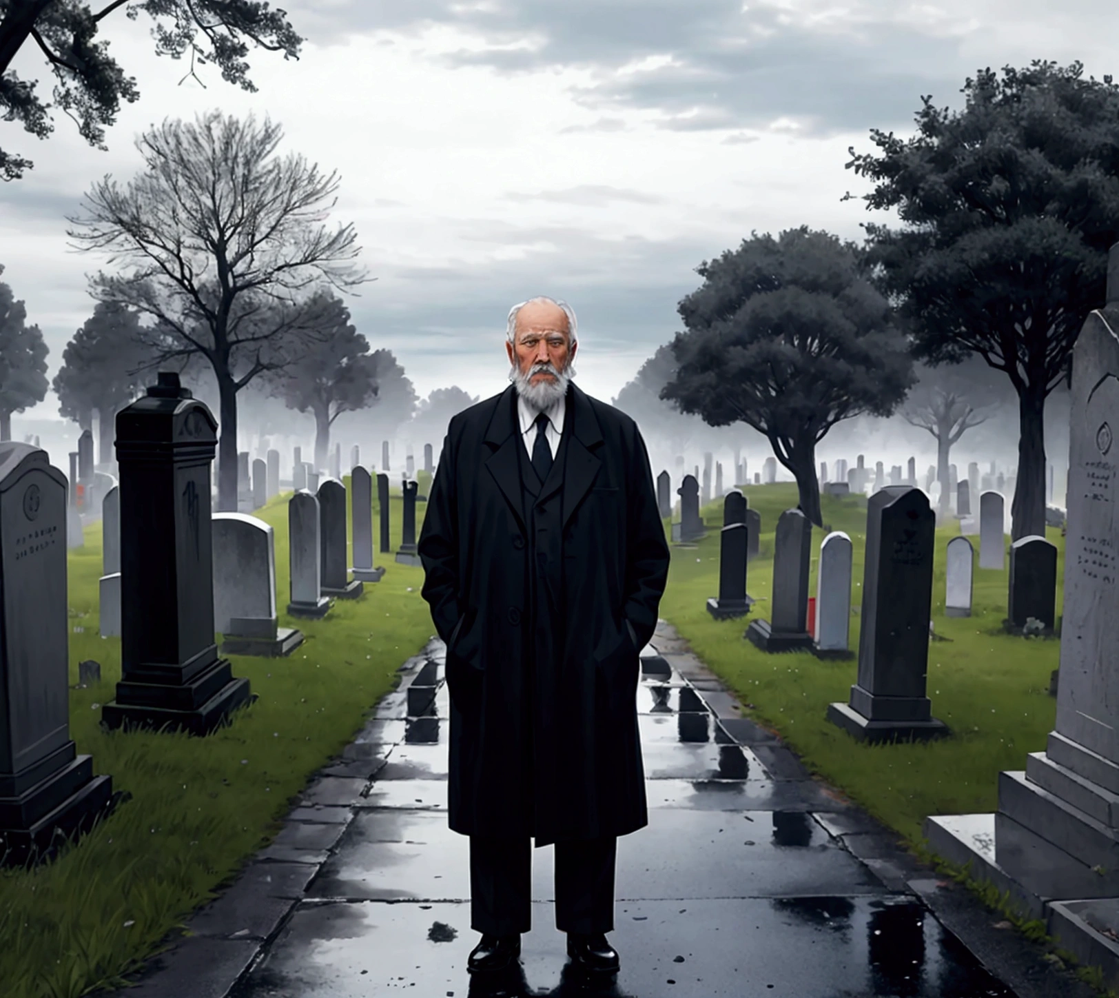 Create an image of an old man, aged 79, standing in a cemetery on a cloudy morning. The man has a white beard and is dressed in simple, somber clothing. The sky is overcast, with dark clouds adding to the melancholic atmosphere. He stands quietly among the tombstones, reflecting a sense of loss and contemplation. The background includes scattered grave markers and a few leafless trees, enhancing the somber and reflective mood of the scene