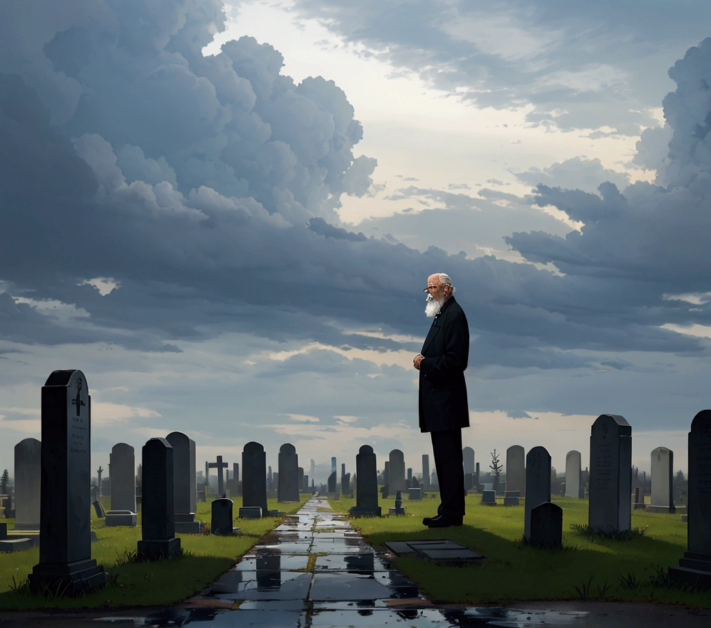 Create an image of an old man, aged 79, standing in a cemetery on a cloudy morning. The man has a white beard and is dressed in simple, somber clothing. The sky is overcast, with dark clouds adding to the melancholic atmosphere. He stands quietly among the tombstones, reflecting a sense of loss and contemplation. The background includes scattered grave markers and a few leafless trees, enhancing the somber and reflective mood of the scene