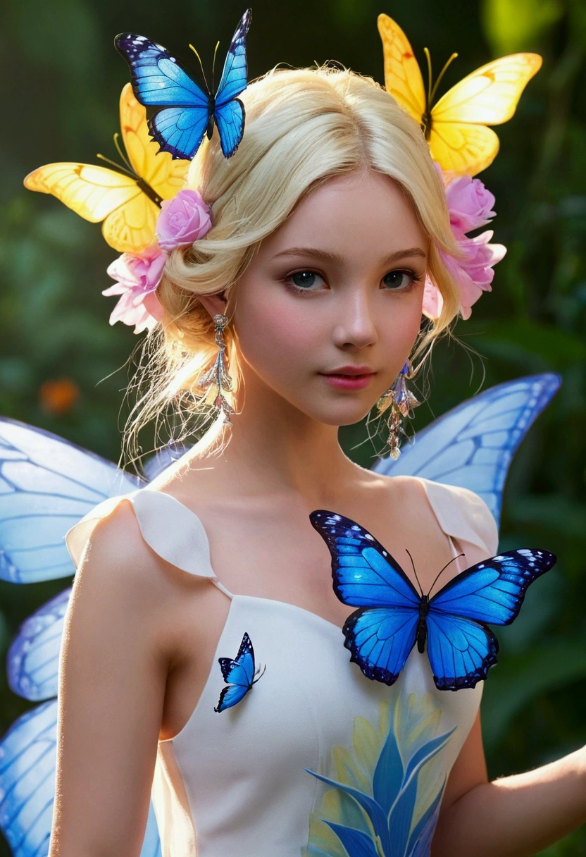 best quality,masterpiece,16k,1girl,Butterflies on the Head,Butterfly on shoulder, antennae,Butterfly in hand, blonde hair, blue butterfly, blue flower, blue wings, blurry, blurry background, blurry foreground, butterfly, butterfly hair ornament, butterfly on hand, butterfly wings, daisy, depth of field, earrings, fairy, fairy wings, flock, flower, flying, garden, glowing, glowing butterfly, glowing wings, hair ornament, ice wings, insect wings, lily \(flower\), lotus, motion blur, multicolored wings, nose, on head, on shoulder, pink flower, pink wings, pointy ears, purple flower, short hair, solo, stud earrings, upper body, vaporeon, white butterfly, white flower, wings, yellow butterfly, yellow flower, yellow wings,Dawn Elf,dawn,glow,Glowing wings,Dress,Multiple butterflies,Glowing Butterfly