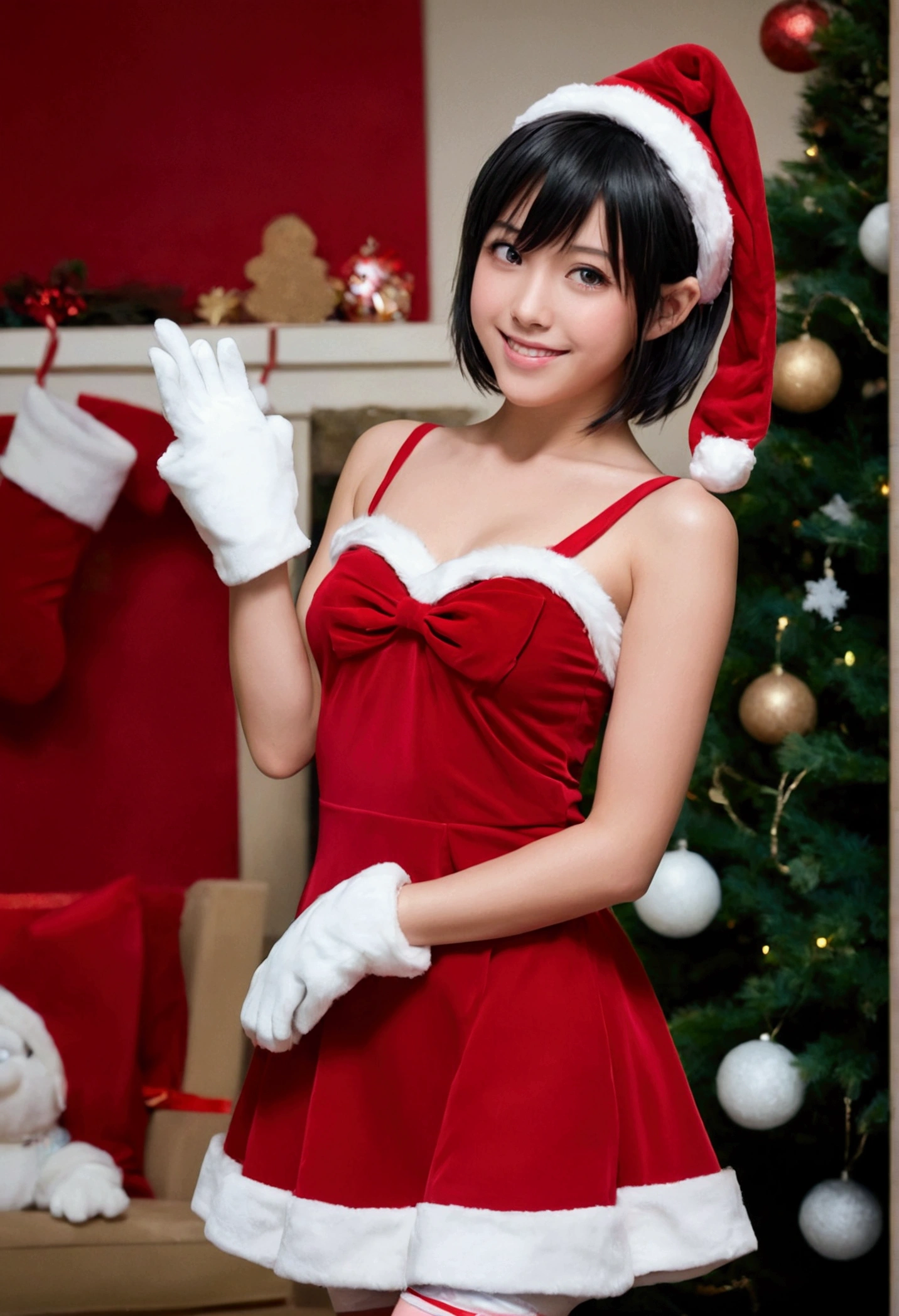 shinkai makoto, kimi no na wa., 1girl, bangs, black hair, blush, bright eyes, brown eyes, looking at the viewer, red bow, red headband, red ribbon, short hair, medium breasts, solo, indoors, shiny skin, smile, happy, beautiful, parfect anatomy, perfect hands, Christmas tree, Santa Claus costume, Sweet face, Red Christmas Dresses, candy cane stockings, Against the background of winter scenery, perfect hands, snow, steam, night