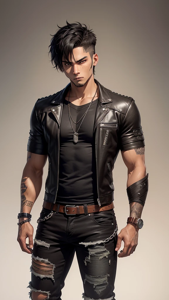 A highly detailed anime-style illustration of a confident, young man with short black hair and light brown skin. He has visible scars across his arms and face, adding a rugged and experienced look. He wears a black leather jacket with torn sleeves, dark jeans, and robust boots. Accessories include leather bracelets and a few chains. His expression is determined and intense, with a slight smirk on his lips. The background is minimal, focusing on the character's intricate details and tough appearance