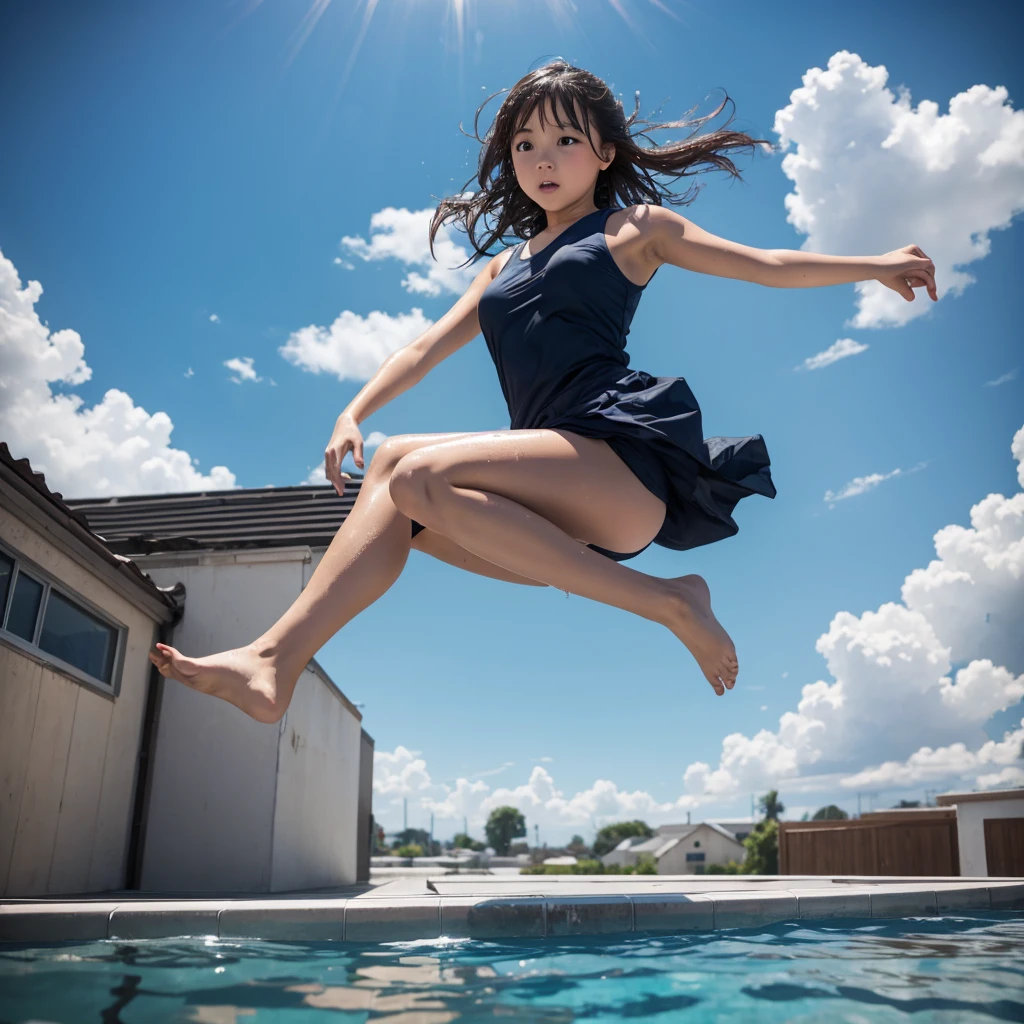 A girl jumping on roof in water nothing wear 