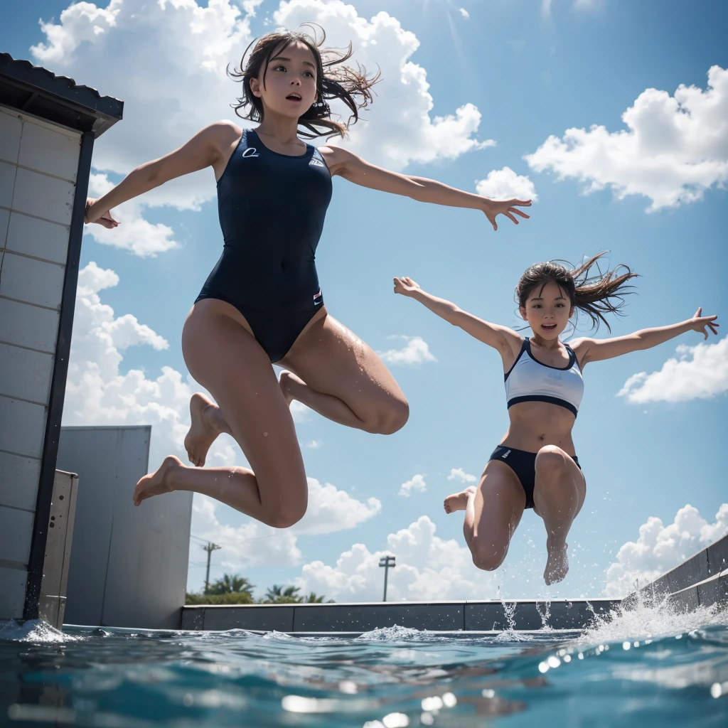 A girl jumping on roof in water nothing wear