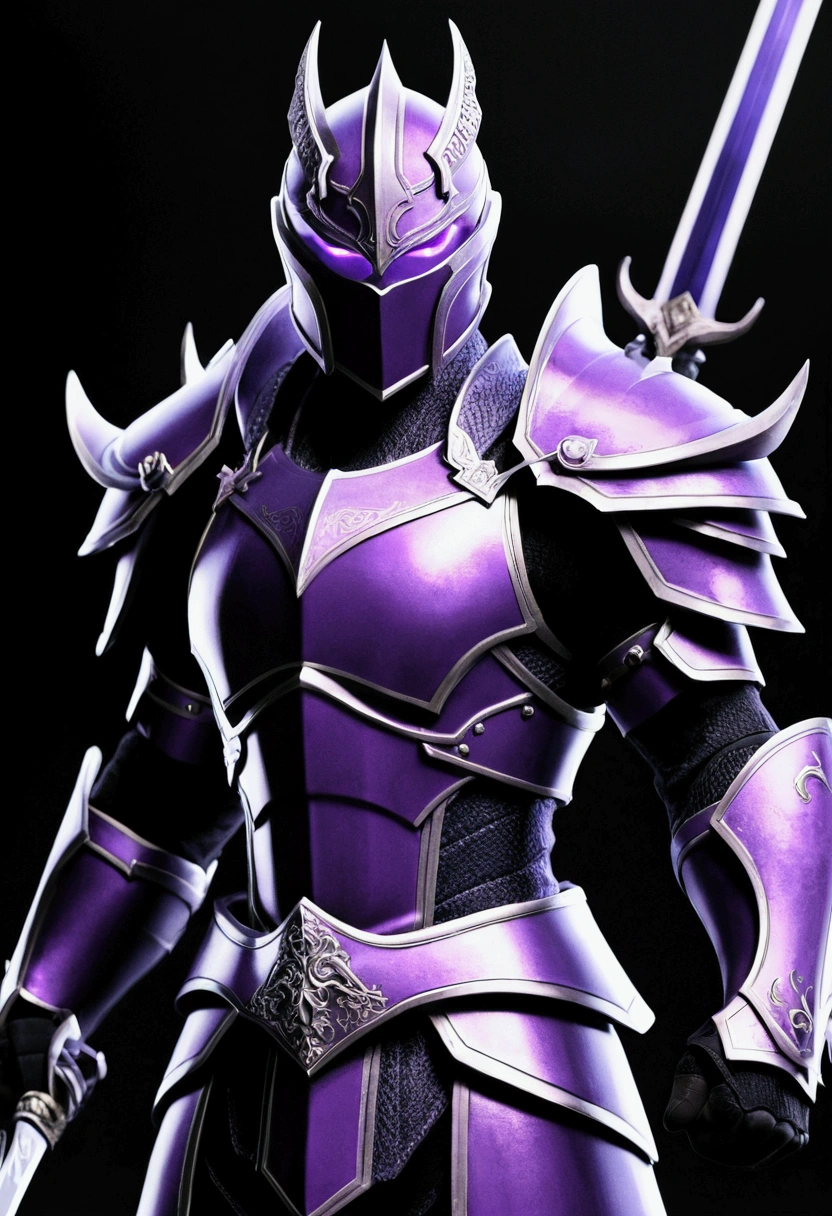 Semi-armor purple, aura, swords, danger, angry, fighting. 