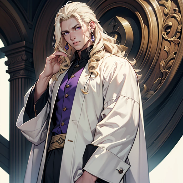 ((masterpiece)), (((best quality))), solo, 1 male, wizard, pale white skin, white-blonde hair, long hair, curly hair, handsome man, bright purple eyes, tall, robes, waistcoat, dress-shirt, simple earrings, highest quality, highly detailed, original, high resolution CG Unit 8k wallpaper, (best quality, artwork, masterpiece, 4k)