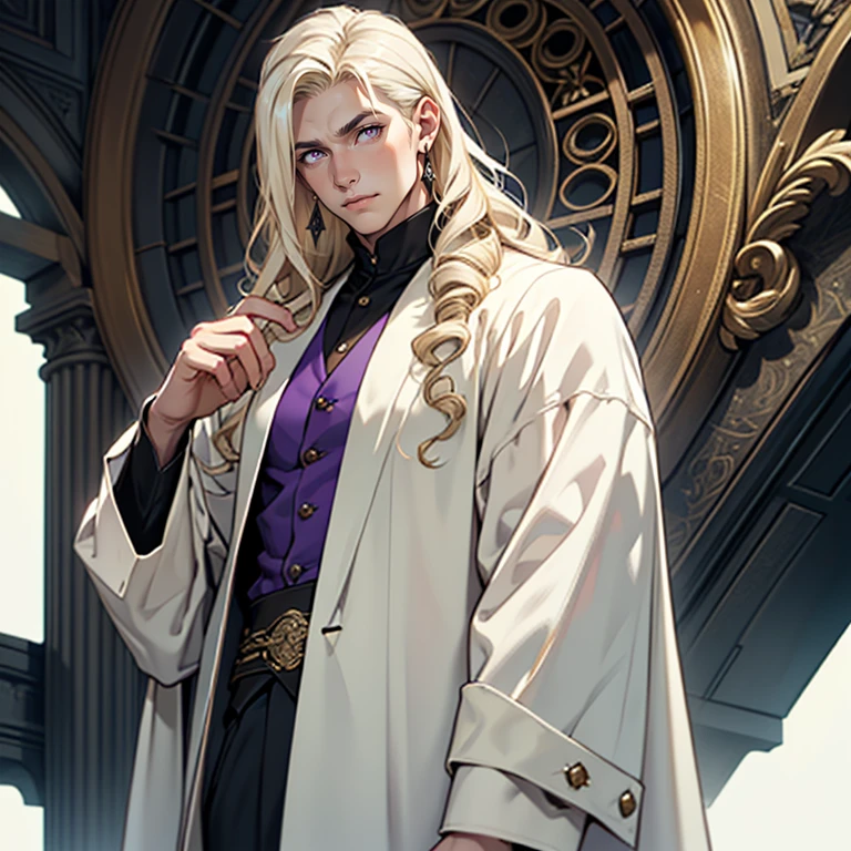 ((masterpiece)), (((best quality))), solo, 1 male, wizard, pale white skin, white-blonde hair, long hair, curly hair, handsome man, bright purple eyes, tall, robes, waistcoat, dress-shirt, simple earrings, highest quality, highly detailed, original, high resolution CG Unit 8k wallpaper, (best quality, artwork, masterpiece, 4k)