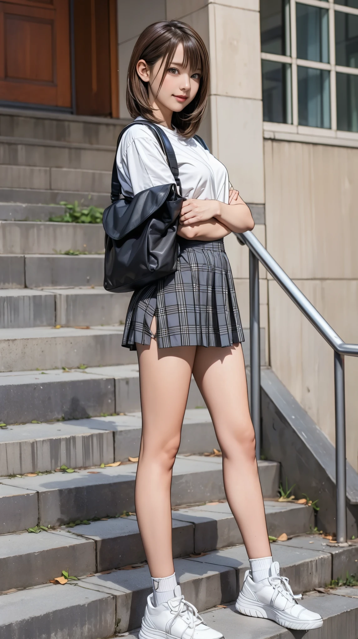 ((masterpiece)),(((Highest quality))),Thin thighs,Long legs,An 18-year-old high school girl standing on the school steps,White blouse,Blue and red plaid mini skirt:1.5,The best smile,White panties:1.5，Short-cut blonde:1.5，short side wave，Carrying a black backpack，Wearing sneakers:1.5，Lift your leg to show your panties:1.5，