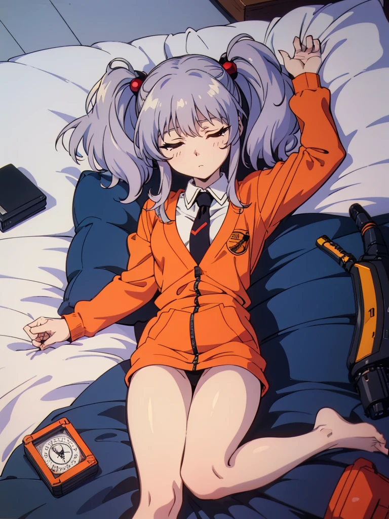 NFSW, (Masterpiece, Top Quality), 1 girl, RH, 1980's Anime Style, Hoshino Ruri, kidou senkan nadesico,, golden eyes, silver hair, twintails, medium hair, red hair bobbles, long sleeves white shirt, wing collar, black tie, orange jacket, emblem, black socks, lying on bed, from above, high definition, sleeping, Small breasts, From before, High definition, Expressionless, Eyes closed, whole body