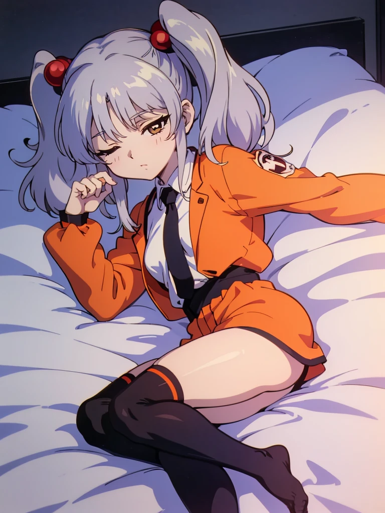 NFSW, (Masterpiece, Top Quality), 1 girl, RH, 1980's Anime Style, Hoshino Ruri, kidou senkan nadesico,, golden eyes, silver hair, twintails, medium hair, red hair bobbles, long sleeves white shirt, wing collar, black tie, orange jacket, emblem, black socks, lying on bed, from above, high definition, sleeping, Small breasts, From before, High definition, Expressionless, Eyes closed, whole body