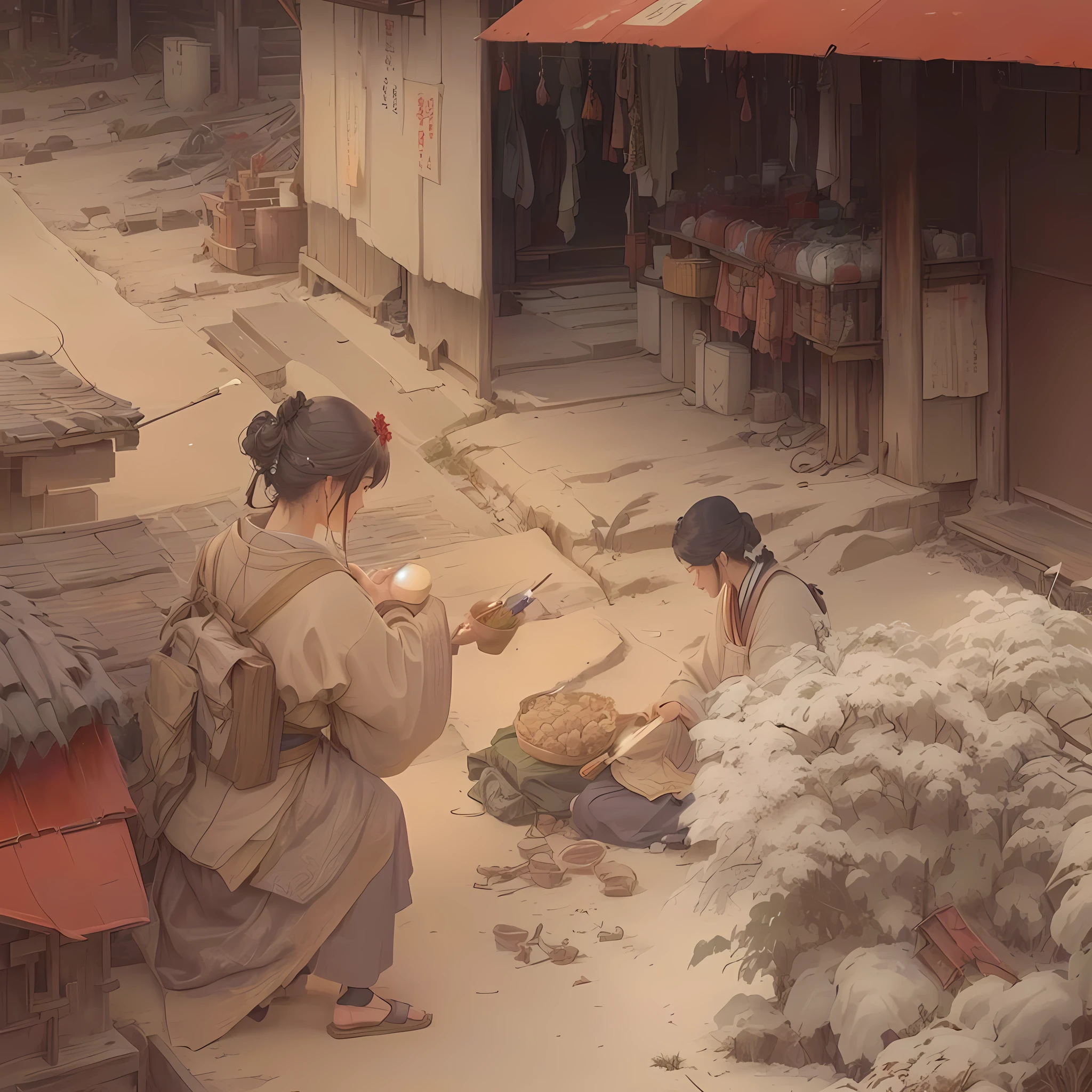 Painting of a man and woman in a village with a red awning, traditional japanese Concept Art, by Kamisaka Sekka, Beautiful artwork illustration, by Shimo, Final Fantasy Artwork Concept, Gwaiz, Highly detailed scenes, illustration Concept Art, Full color illustrations, opening scene, Jan J, Concept Art, Concept ArtBlazing flames, fire, crowd, throng, freezing, mother warming her baby.Scenery and Cityscape in the Early Meiji Era After the Meiji Restoration, Japan underwent rapid modernization and civilization. Consequently, many changes and reforms occurred. Below is a detailed explanation of the scenery, appearance of the poor, occupations, and cityscapes in the early Meiji period (1868 to the early 1880s). 2. Appearance of the Poor Life for the impoverished and lower classes remained harsh. In particular, in urban areas, people migrated from rural areas or unemployed artisans gathered, intensifying competition in the labor market. Many of them struggled with poverty, often residing in slums or around temples. 3. Occupations Meiji early Japan witnessed a diversification of occupations. Traditional agriculture and handicrafts were accompanied by the rise of modern industry and commerce. Particularly in urban areas, factory workers, shop clerks, and transporters increased, giving rise to new professions. However, many in these occupations endured harsh working conditions. 4. Influence of Civilization and Enlightenment During the Meiji era, Western cultural influences spread rapidly. Changes in clothing, dietary habits, and the proliferation of Western-style architecture advanced, especially in urban areas. Conversely, this development posed a threat to traditional culture and lifestyles, resulting in societal upheaval and adaptation challenges. 5. Social Change and Policy Influence While promoting modernization policies, the government also addressed poverty and social issues. Legislation for labor protection and charitable activities to aid the poor were implemented. Nevertheless, living conditions for the impoverished scarcely improved. The early Meiji period marked a rapid tra