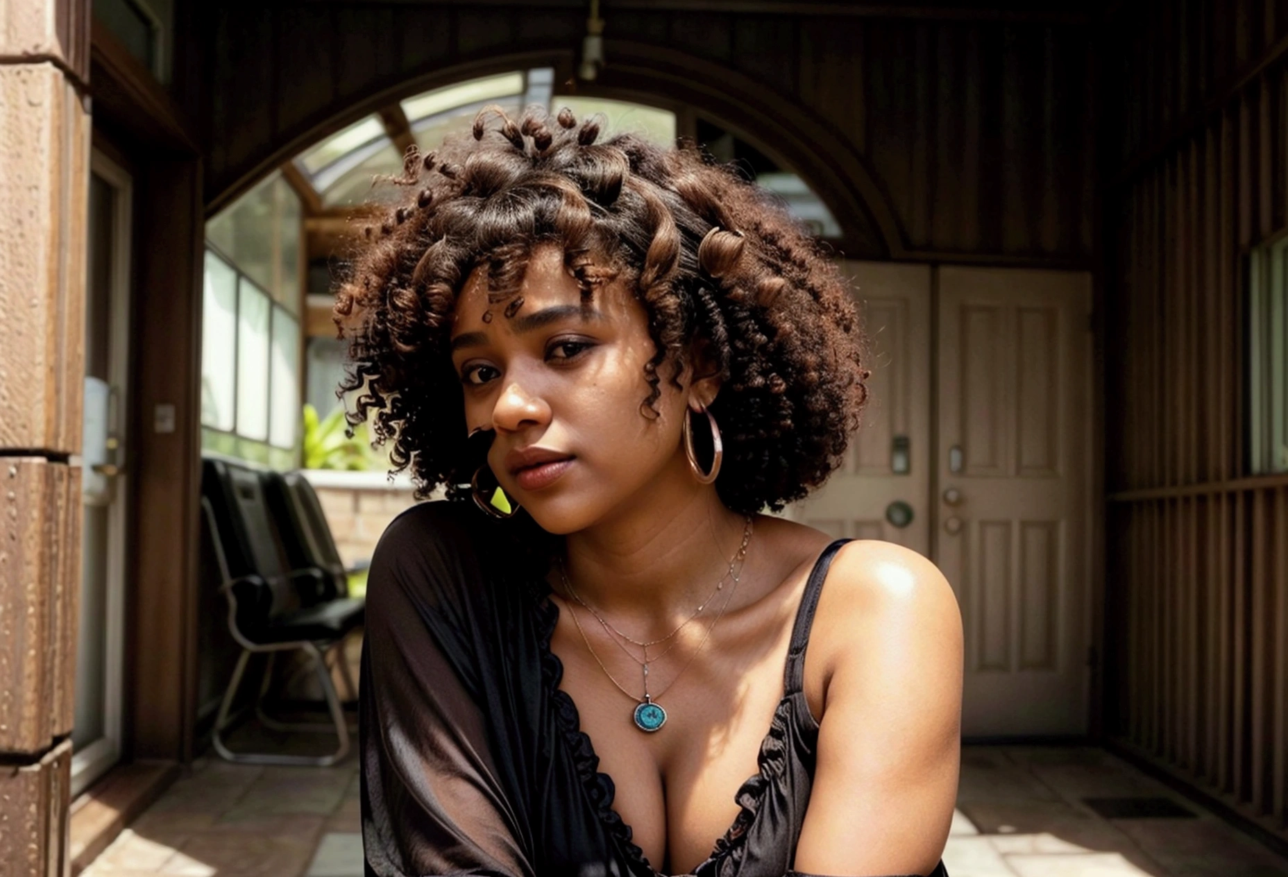 a close up of a woman with a necklace on her neck, a picture by Dan Frazier, instagram, hurufiyya, curly bangs, ashteroth, curly haired, curly afro, curly hair, curly, without makeup, curly and short top hair, with afro, headshot profile picture, taken in the early 2020s