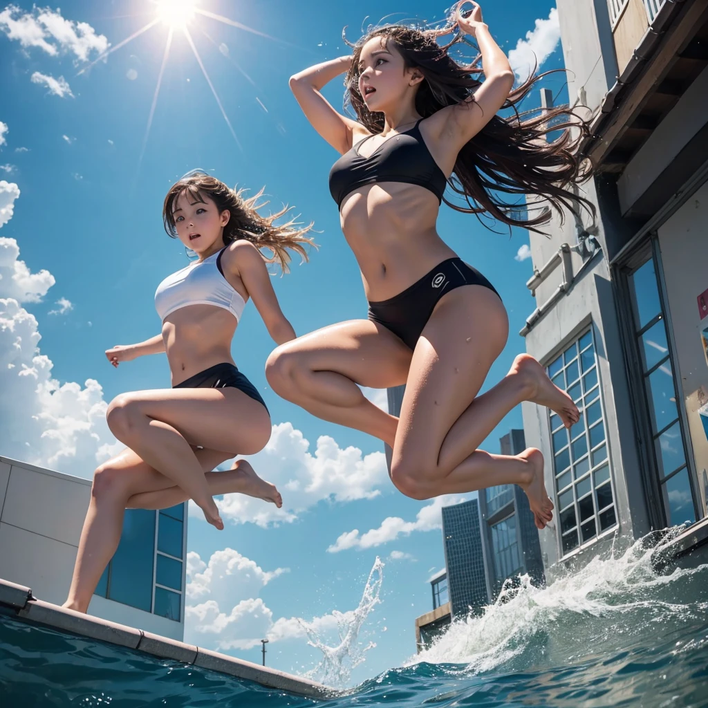 A girl jumping on roof in water nothing wear 