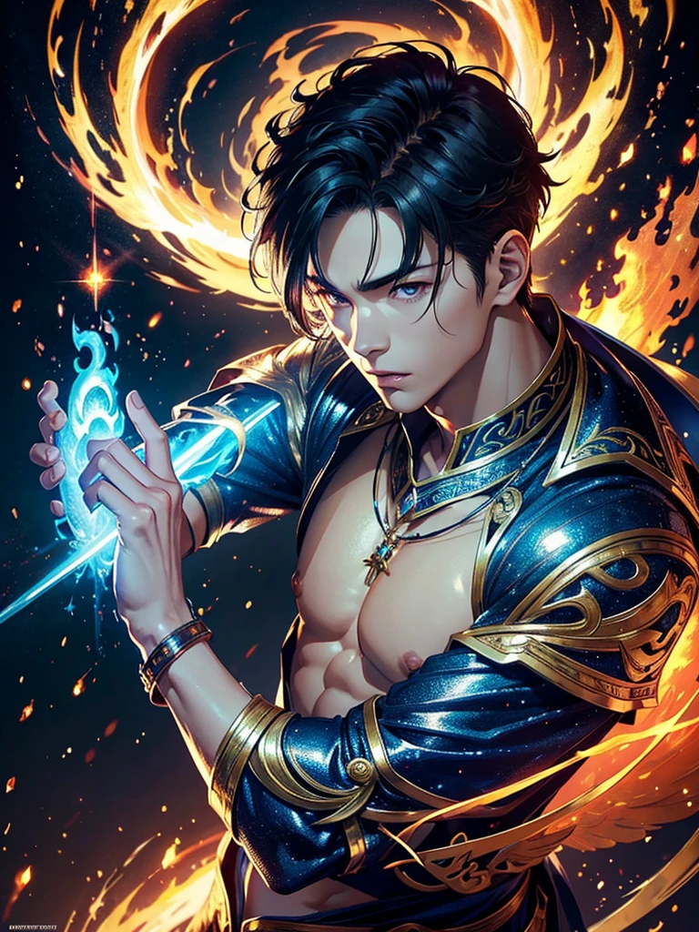 A asian boy like Mighty Archangel Michael, 20-29 years old, handsome, kpop idol actor, many jawline, manly chin, Full Body Shoot, (eyes contact), detailed facial parts, Manly, bare chest, 
Quiff haircut :: high detail, is in highly detailed battle armor, holding a detailed flaming blue sword of golden pearls, detailed fingers, a flaming sacred aura radiating from his body, stylish model pose, moon background, surreal, fantasy, magical, intricate details, depth of field. Best quality, masterpiece, ultra high resolution, (anime realism, photorealistic: 1.4), perfect composition, centered, symmetry