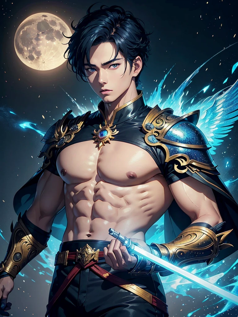 A asian boy like Mighty Archangel Michael, 20-29 years old, handsome, kpop idol actor, many jawline, manly chin, Full Body Shoot, (eyes contact), detailed facial parts, Manly, bare chest,
Quiff haircut :: high detail, is in highly detailed battle armor, holding a detailed flaming blue sword of golden pearls, detailed fingers, a flaming sacred aura radiating from his body, stylish model pose, moon background, surreal, fantasy, magical, intricate details, depth of field. Best quality, masterpiece, ultra high resolution, (anime realism, photorealistic: 1.4), perfect composition, centered, symmetry