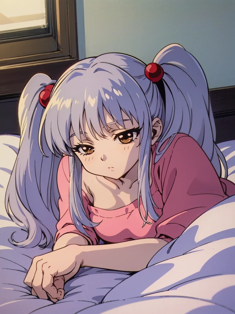 NFSW, (Masterpiece, Top Quality), 1 girl, RH, アニメ, 13-year-old, bedroom with lights out, lying on bed, from above, high definition, Japan, Eyes closed, sleeping, (silver hair), twin tails, medium hair, red hair bobbles, 1990s anime style,  Small breasts