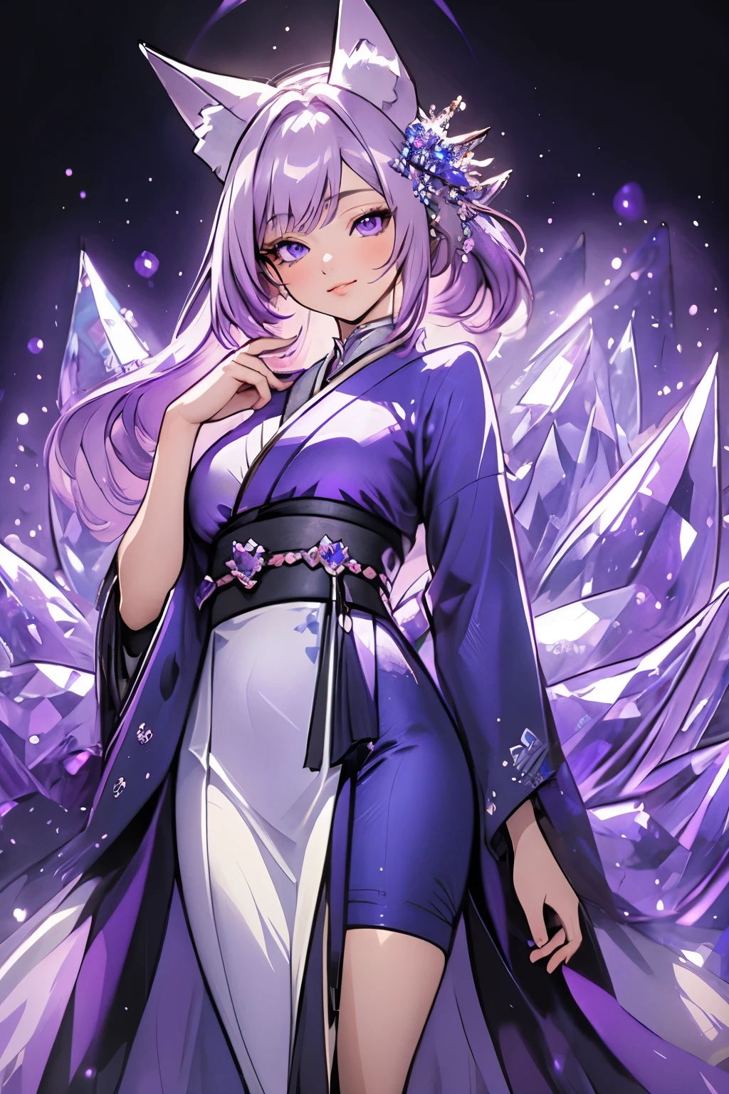 ((best quality)), ((masterpiece)), (detailed), detailed eyes, detailed hands, female humanoid kitsune, standing, wearing a short thigh-length kimono, crystal crown on top of her head, long light purple hair, light purple fox ears, detailed crystal fox tails, delicate and beautiful detailing of nine evenly spaced-out crystal foxtails, crystal fox tails, beautiful face, well-proportioned detailed purple eyes, round detailed purple eyes and makeup, beautiful detailed and clear purple eyes, volume smooth and sharp, long flat bangs, fictional art, best photos, best quality, delicate, mouth closed smile, not fully smiling