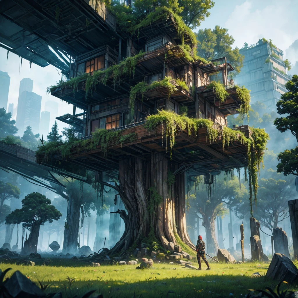 Cyberpunk, shattered, There is a dense primeval forest there.,There are many pictures of ancient houses and buildings, Cyberpunk, shattered, There are a lot of stones, Green dense forest background, Dense trees background, Big meadow, Arena Background, Game Background, Exaggerated forest background, Cartoon Style