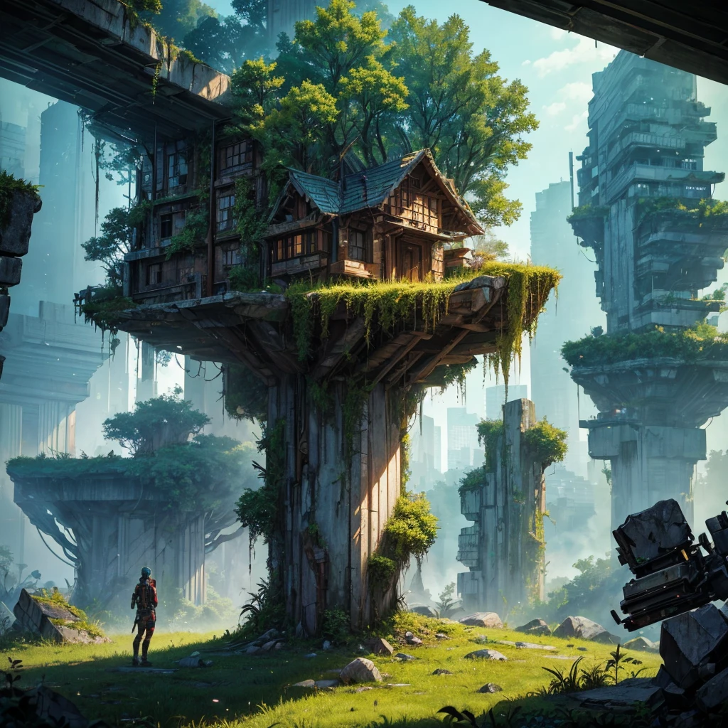 Cyberpunk, shattered, There is a dense primeval forest there.,There are many pictures of ancient houses and buildings, Cyberpunk, shattered, There are a lot of stones, Green dense forest background, Dense trees background, Big meadow, Arena Background, Game Background, Exaggerated forest background, Cartoon Style