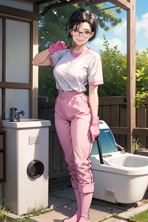 A mature woman with black hair and glasses wearing short sleeves, long pants and gym clothes, wearing large pink rubber gloves and white rubber boots, smiling as she cleans an outdoor toilet