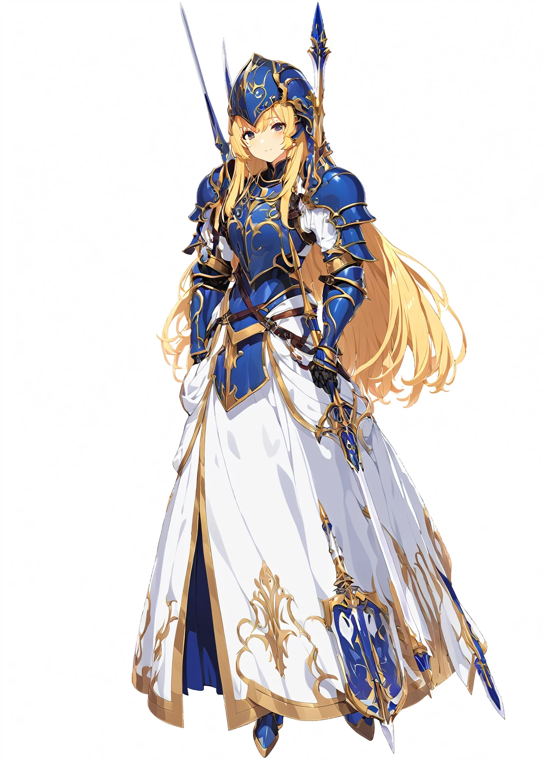 high quality, high resolution, high qualityのゲームアートスタイル, whole body,valkyrie,perfect hand,Official Art, Smooth game CG art, Visual Novel Sprites, White background,Smooth game CG art, (((Woman with a long spear))),Woman wearing a white dress and blue armor, An intricately designed helmet with white feathers,Small shield, (((In his right hand he holds an elaborate long spear))),Exquisite Blue Armor,Golden Hair, long hair, female knight, Rin々Shii,Large Bust,20-year-old,