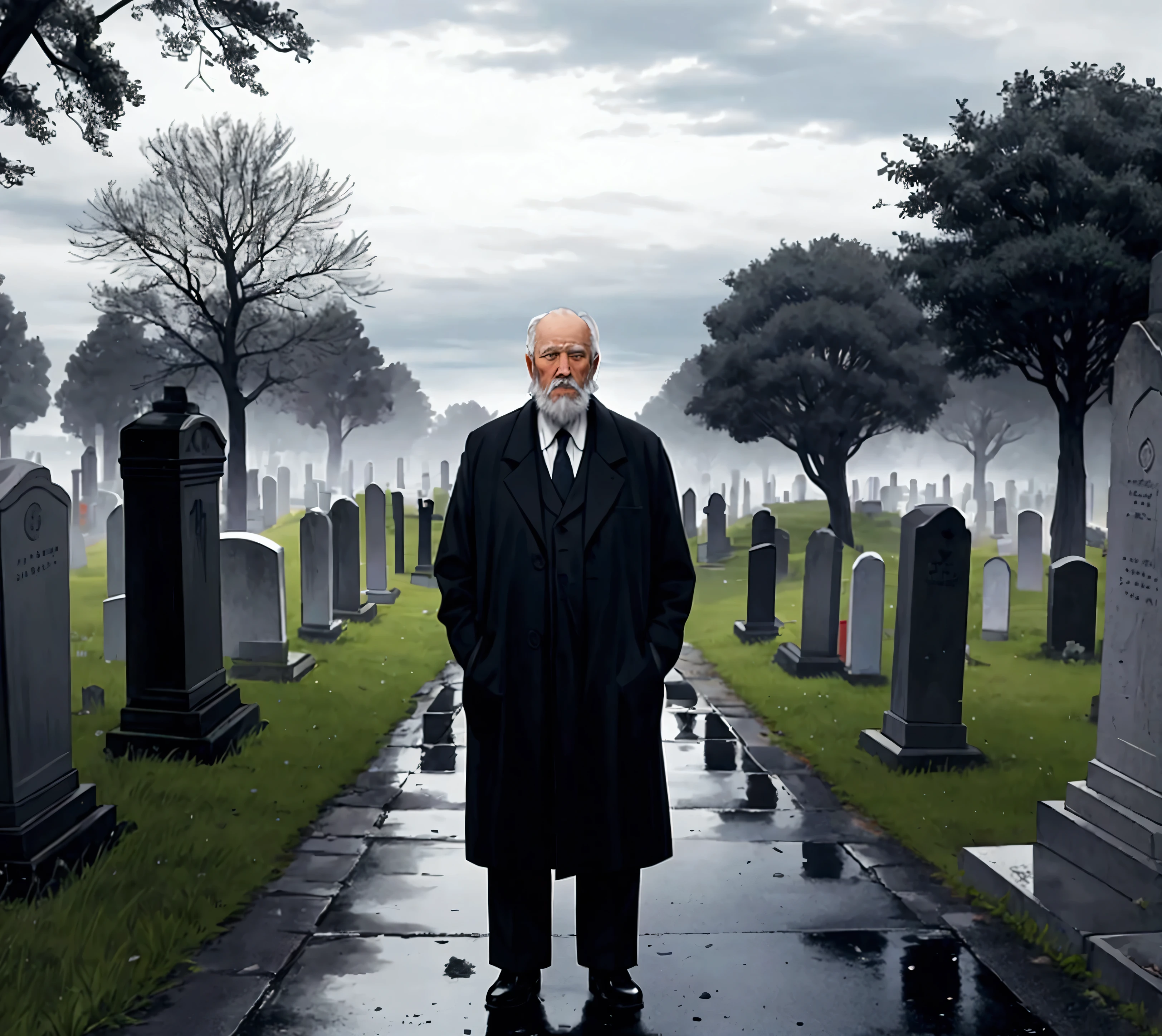 Create an image of an old man, aged 79, standing in a cemetery on a cloudy morning. The man has a white beard and is dressed in simple, somber clothing. The sky is overcast, with dark clouds adding to the melancholic atmosphere. He stands quietly among the tombstones, reflecting a sense of loss and contemplation. The background includes scattered grave markers and a few leafless trees, enhancing the somber and reflective mood of the scene