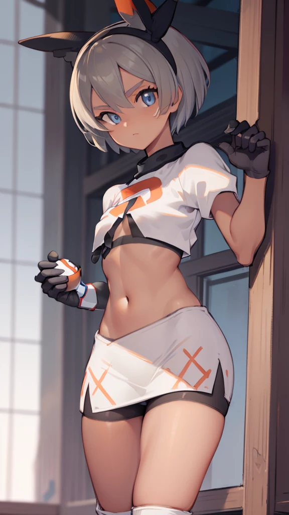 pokemon bea, pokemon bea, grey eyes, gray fur, short hair , (small breasts:1.2),
Team Rocket,Team Rocket uniform, red letter R, White skirt,White crop top,black thigh high stockings,black elbow length gloves BREAK looking at viewer,
BREAK (masterpiece:1.2), Best Quality, High resolution, unity wallpaper 8k, (illustration:0.8), (beautiful detailed eyes:1.6), extremely detailed face, perfect lighting, Extremely detailed CG, (perfect hands, perfect anatomy),(with a Pokeball in hand)