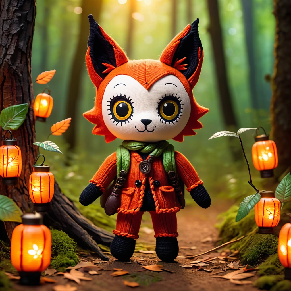 (knitted toy voodoo doll:1.7), (Voodoo Fox Walking in the Forest:1.3), (Clothing: cozy outdoor outfit with magical leaf patterns:1.0), (Accessories: enchanted walking stick, glowing lantern, mystical backpack:1.2), (background: enchanted forest with floating, glowing fireflies and soft rustling leaves:1.2), best quality, masterpiece, detailed soft oil painting, detailed background, dramatic cinematic lighting, soft edge lighting, professional, dramatic lighting, hard edge lighting, ultra quality, 4k, masterpiece, best quality, 8k, ultra high definition, high resolution, extremely detailed