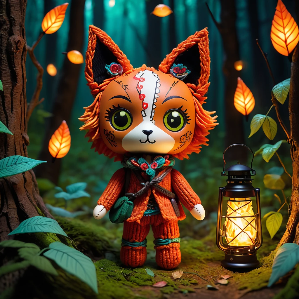 (knitted toy voodoo doll:1.7), (Voodoo Fox Walking in the Forest:1.3), (Clothing: cozy outdoor outfit with magical leaf patterns:1.0), (Accessories: enchanted walking stick, glowing lantern, mystical backpack:1.2), (background: enchanted forest with floating, glowing fireflies and soft rustling leaves:1.2), best quality, masterpiece, detailed soft oil painting, detailed background, dramatic cinematic lighting, soft edge lighting, professional, dramatic lighting, hard edge lighting, ultra quality, 4k, masterpiece, best quality, 8k, ultra high definition, high resolution, extremely detailed