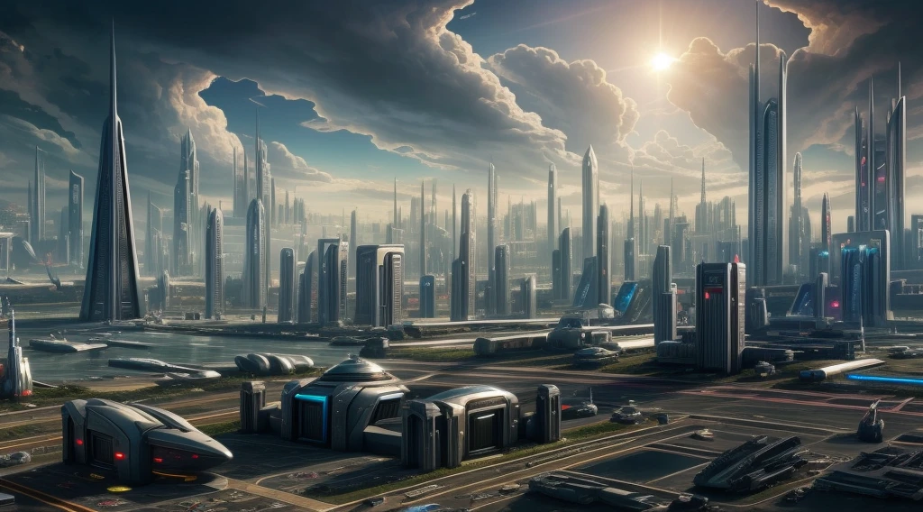 Close-up shot of city with sky background and cloudy sky., A huge futuristic temple town, Sci-fi fantasy wallpaper, In the sci-fi fantasy city, Sci-fi fantasy desktop wallpaper, city of the future, science fiction city, kingdom city, Beautiful sci-fi art, It was shown as a sci-fi scene., Beautiful cities of the future