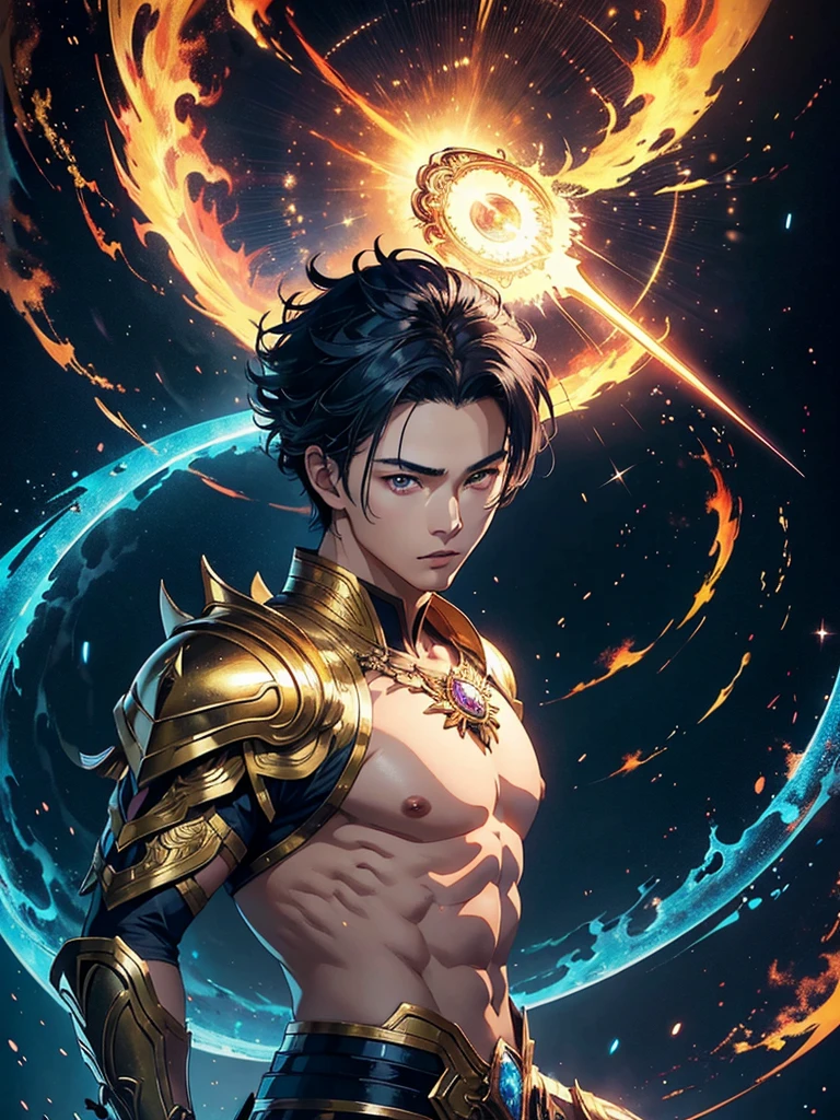 A asian boy like Mighty Archangel Michael, 20-29 years old, handsome, kpop idol actor, many jawline, manly chin, Full Body Shoot, (eyes contact), detailed facial parts, Manly, bare chest, 
Quiff haircut :: high detail, is in highly detailed battle armor, holding a detailed flaming blue sword of golden pearls, detailed fingers, a flaming sacred aura radiating from his body, stylish model pose, moon background, surreal, fantasy, magical, intricate details, depth of field. Best quality, masterpiece, ultra high resolution, (anime realism, photorealistic: 1.4), perfect composition, centered, symmetry