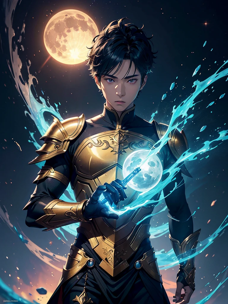 A asian boy like Mighty Archangel Michael, 20-29 years old, handsome, kpop idol actor, many jawline, manly chin, Full Body Shoot, (eyes contact), detailed facial parts, Manly, bare chest,
Quiff haircut :: high detail, is in highly detailed battle armor, holding a detailed flaming blue sword of golden pearls, detailed fingers, a flaming sacred aura radiating from his body, stylish model pose, moon background, surreal, fantasy, magical, intricate details, depth of field. Best quality, masterpiece, ultra high resolution, (anime realism, photorealistic: 1.4), perfect composition, centered, symmetry