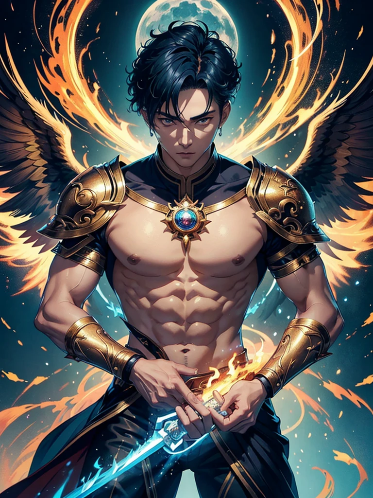 A asian boy like Mighty Archangel Michael, 20-29 years old, handsome, kpop idol actor, many jawline, manly chin, Full Body Shoot, (eyes contact), detailed facial parts, Manly, bare chest,
Quiff haircut :: high detail, is in highly detailed battle armor, holding a detailed flaming blue sword of golden pearls, detailed fingers, a flaming sacred aura radiating from his body, stylish model pose, moon background, surreal, fantasy, magical, intricate details, depth of field. Best quality, masterpiece, ultra high resolution, (anime realism, photorealistic: 1.4), perfect composition, centered, symmetry
