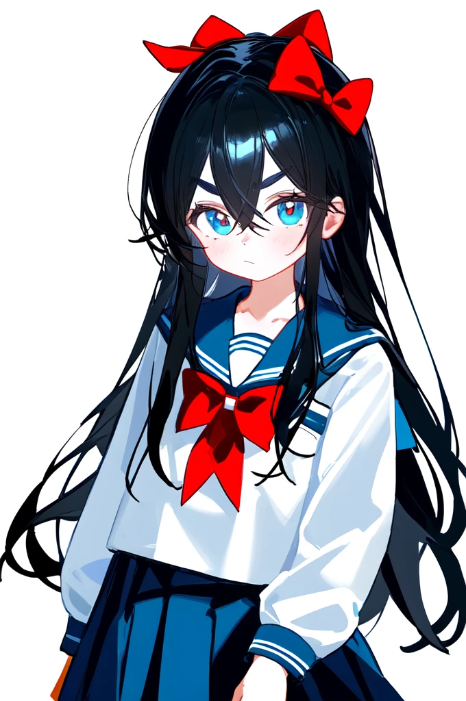 1boy, solo, black hair, long hair, bangs, hair between eyes, eyebrows visible through hair, looking at viewer, white shirt, serafuku, red bow, red bowtie, blue sailor collar, sailor collar, bowtie, long sleeves, blue skirt, pleated skirt, simple backgroundbest quality, amazing quality, very aesthetic, absurdres