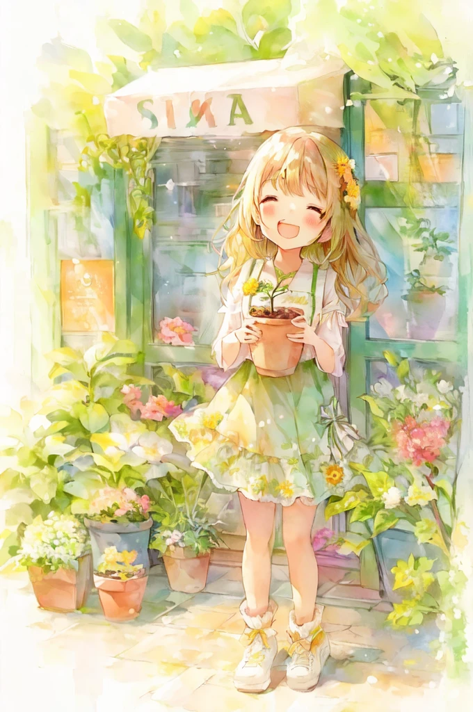 Anime girl holding a potted plant in front of a store, pretty girlのアニメビジュアル, Cute Anime Girl, by Shimo, Cute art style, Beautiful sunflower anime girl, pretty girl, , Cute and detailed digital art, Beautiful anime art, Beautiful anime artwork, by Ai-Mitsu, by Kamaguruka, Cute Anime Girl portraits