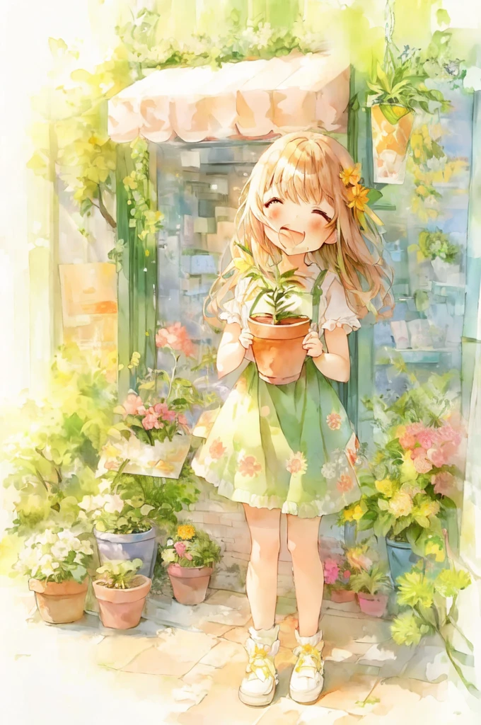 Anime girl holding a potted plant in front of a store, pretty girlのアニメビジュアル, Cute Anime Girl, by Shimo, Cute art style, Beautiful sunflower anime girl, pretty girl, , Cute and detailed digital art, Beautiful anime art, Beautiful anime artwork, by Ai-Mitsu, by Kamaguruka, Cute Anime Girl portraits