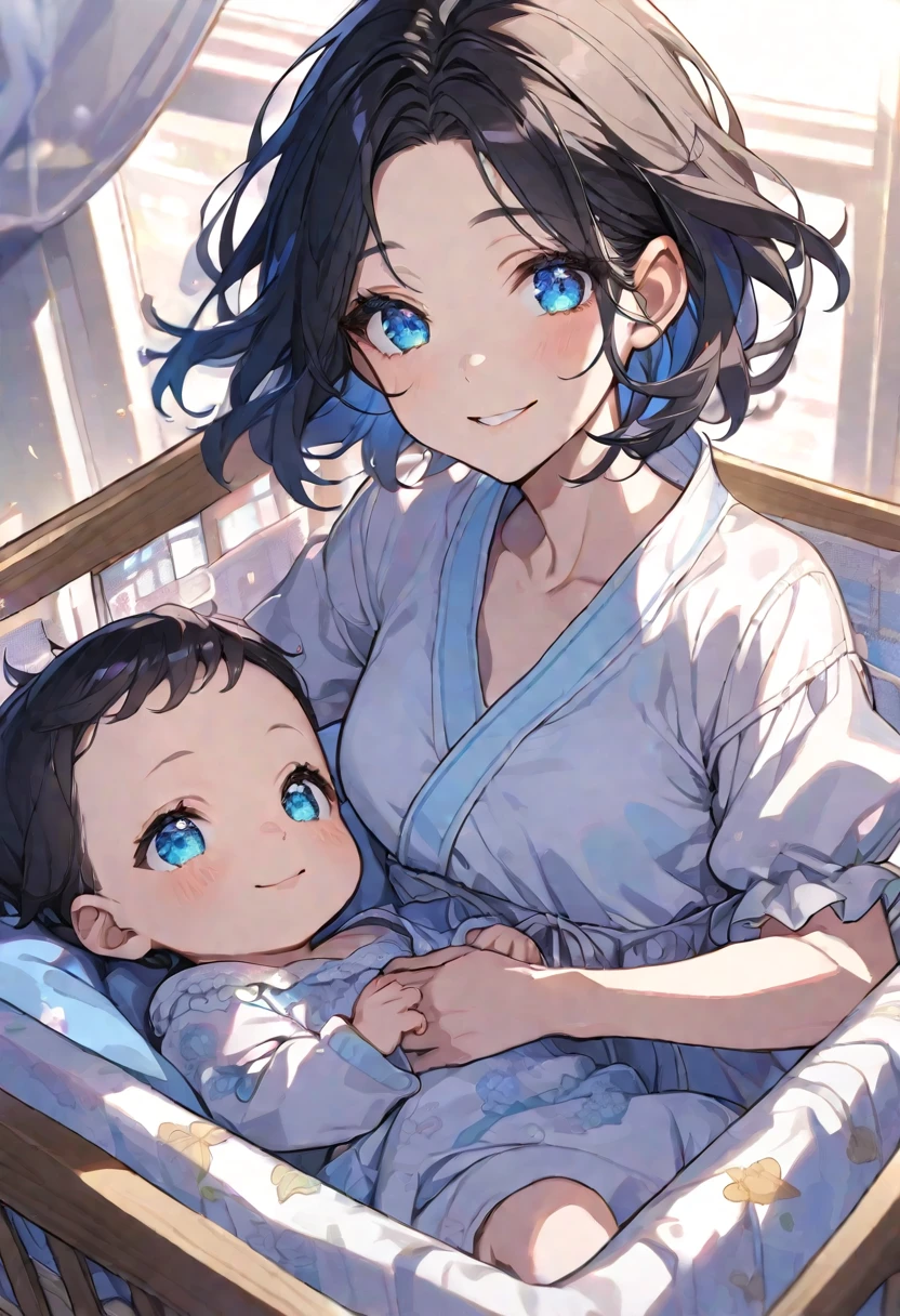 baby, short hair, black hair, blue eyes, detailed, cradle, smiling