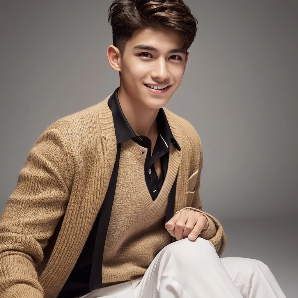 His face is oval, with clear skin that highlights his youthful features. He has intense light brown eyes that reflect determination and a spark of creativity., accentuated by well-defined eyebrows that frame your look. His smile is one of his most charming features., with white, well-aligned teeth that shine when you smile. this smile, combined with her positive attitude and confidence, gives him an air of friendliness and charisma.
His physique is strong but not much , denoting years of training and discipline. Your posture is upright and confident, which reflects his self-confidence and his mastery of the game. Not so muscular he has dark brown hair that is a little longer on top, but with a cut that maintains a perfect balance between style and practicality. The hair is slightly wavy, which gives it natural volume and a soft texture. Sides are subtly faded, creating a stylish contrast to the longer top. The style allows your hair to be flexible and can be styled in various ways, adding a touch of sophistication and modernity to your appearance.
He is 16 years old and Dress him in Real Madrid soccer player clothes
