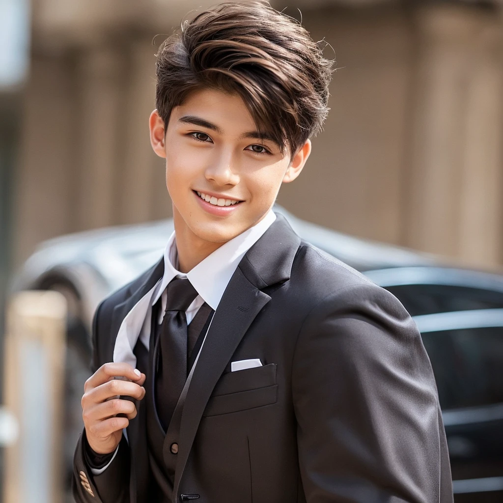 His face is oval, with clear skin that highlights his youthful features. He has intense light brown eyes that reflect determination and a spark of creativity., accentuated by well-defined eyebrows that frame your look. His smile is one of his most charming features., with white, well-aligned teeth that shine when you smile. this smile, combined with her positive attitude and confidence, gives him an air of friendliness and charisma.
His physique is strong but not much , denoting years of training and discipline. Your posture is upright and confident, which reflects his self-confidence and his mastery of the game. Not so muscular he has dark brown hair that is a little longer on top, but with a cut that maintains a perfect balance between style and practicality. The hair is slightly wavy, which gives it natural volume and a soft texture. Sides are subtly faded, creating a stylish contrast to the longer top. The style allows your hair to be flexible and can be styled in various ways, adding a touch of sophistication and modernity to your appearance.
He is 16 years old and Dress him in Real Madrid soccer player clothes