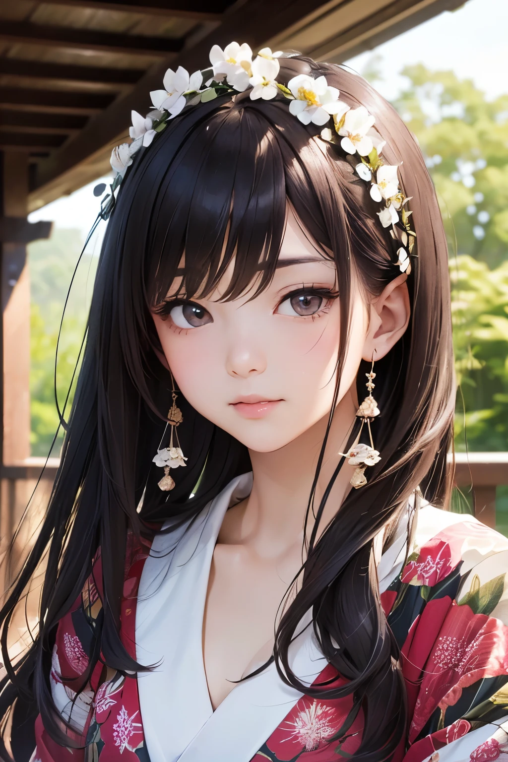 Highest quality、masterpiece、Very detailed、Ultra-high resolution、thin、Medium Bust、(whole body:1.2)、high definition background、Realistic eyes、Blurred Background、(Very detailed顔と目、Beautiful Face、Very detailed肌、Fine skin:1.3)、Japan Veranda、Shoji screen、Spring scenery、