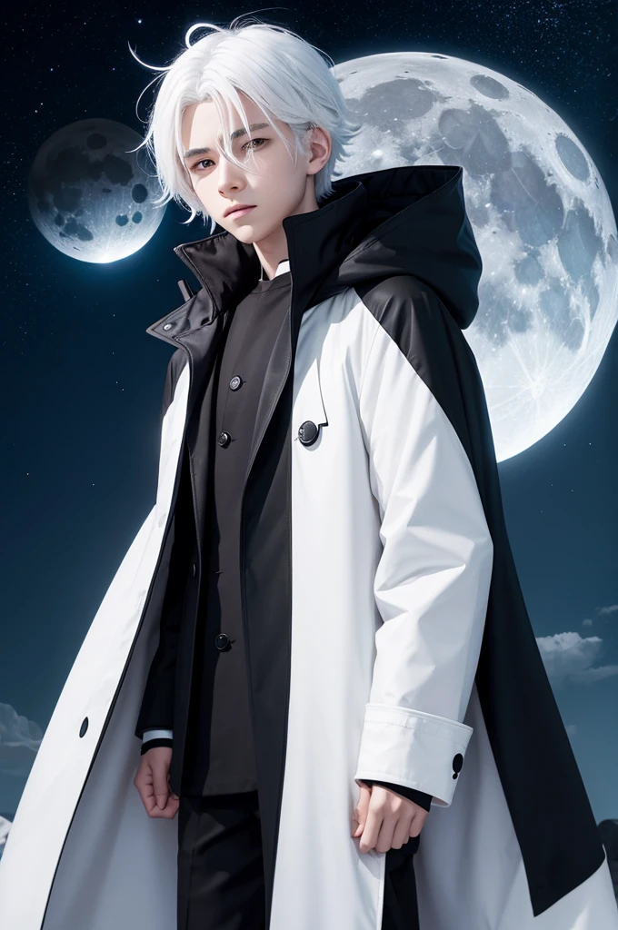 Boy with white hair in a closed black coat with a moon in the middle next to the Pokémon Lunala